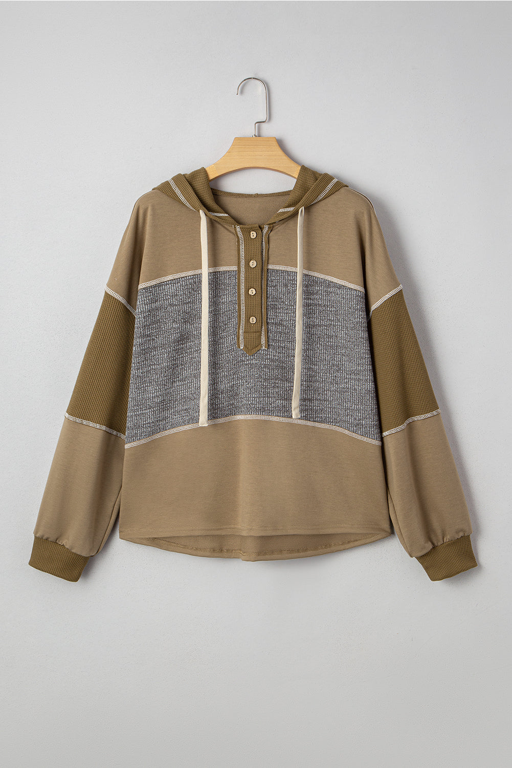 Waffle Knit Patchwork Buttoned Hooded Sweatshirt