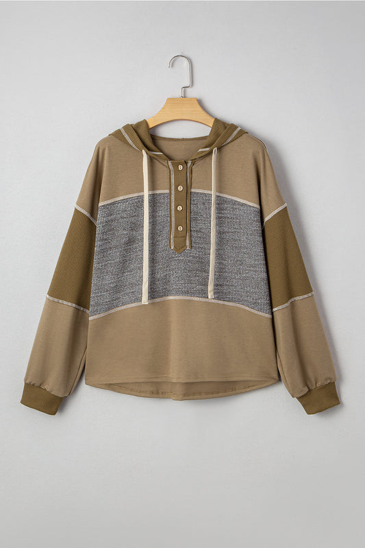 Waffle Knit Patchwork Buttoned Hooded Sweatshirt