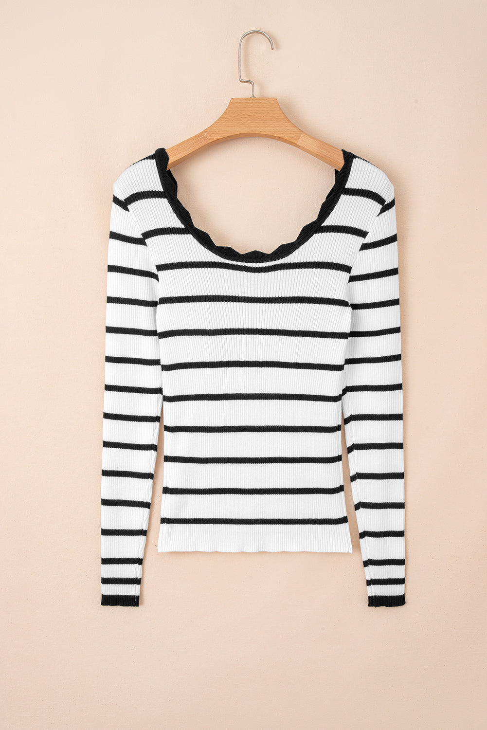 Stripe Scalloped Scoop Neck Ribbed Knit Sweater