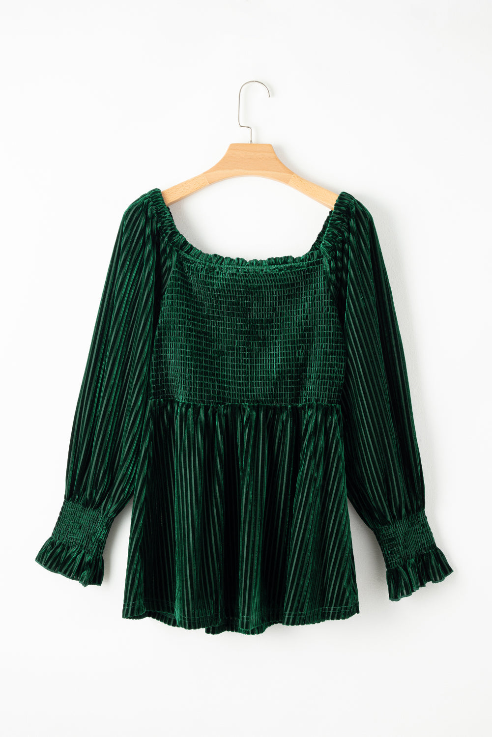 Ribbed Velvet Smocked Babydoll Blouse