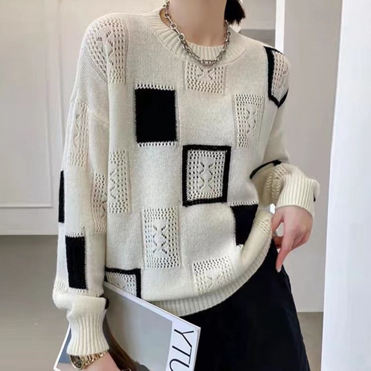 Color Block Plaid Knitwear Top Women Retro Round Neck Sweater