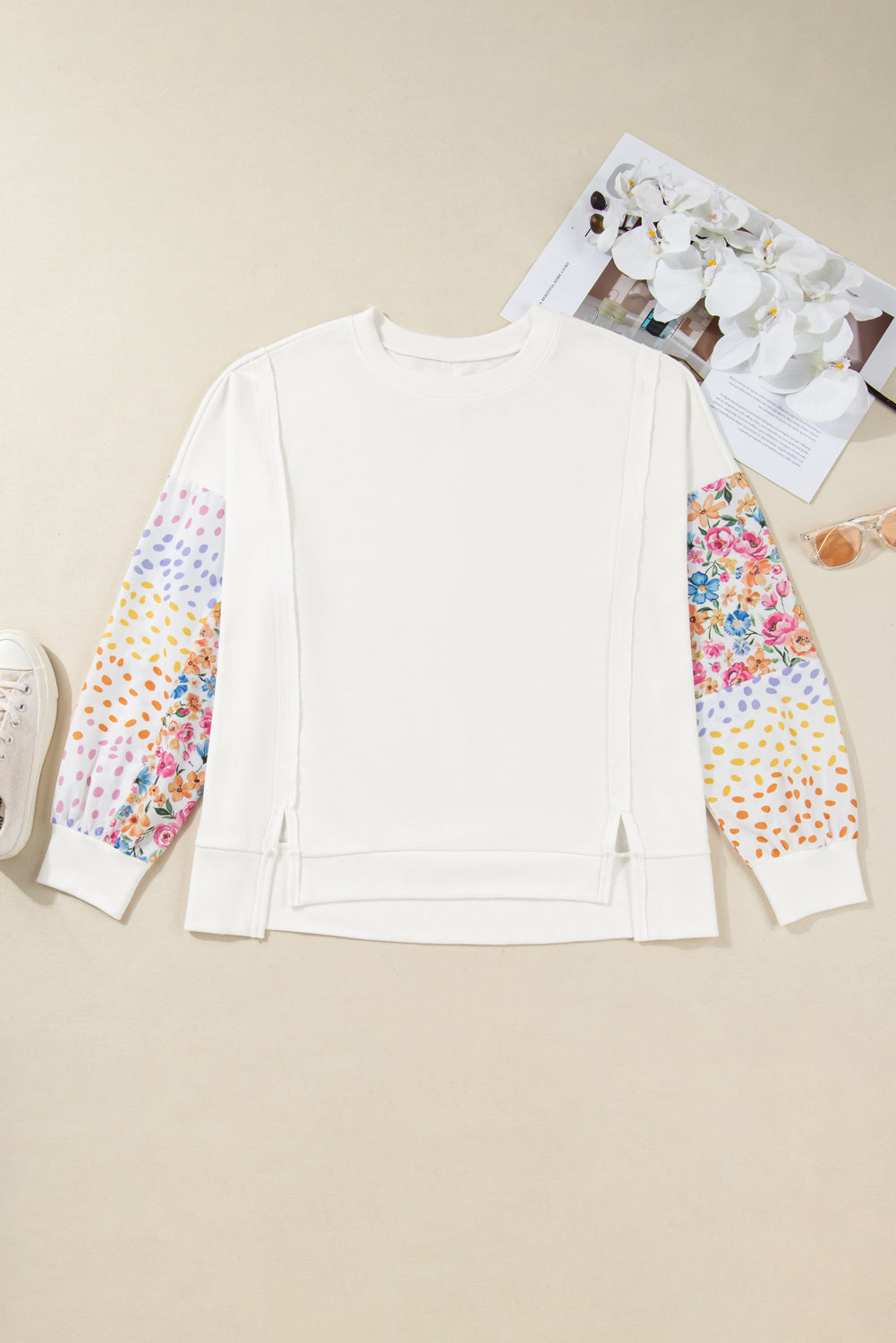 Plus Size Floral Patchwork Long Sleeve Reverse Seam Sweatshirt