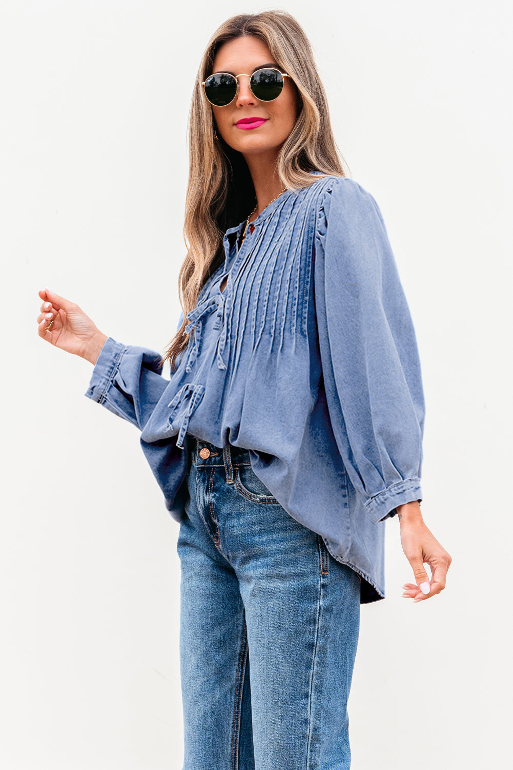 Solid Denim Pleated Bow Tie Puff Sleeve Top
