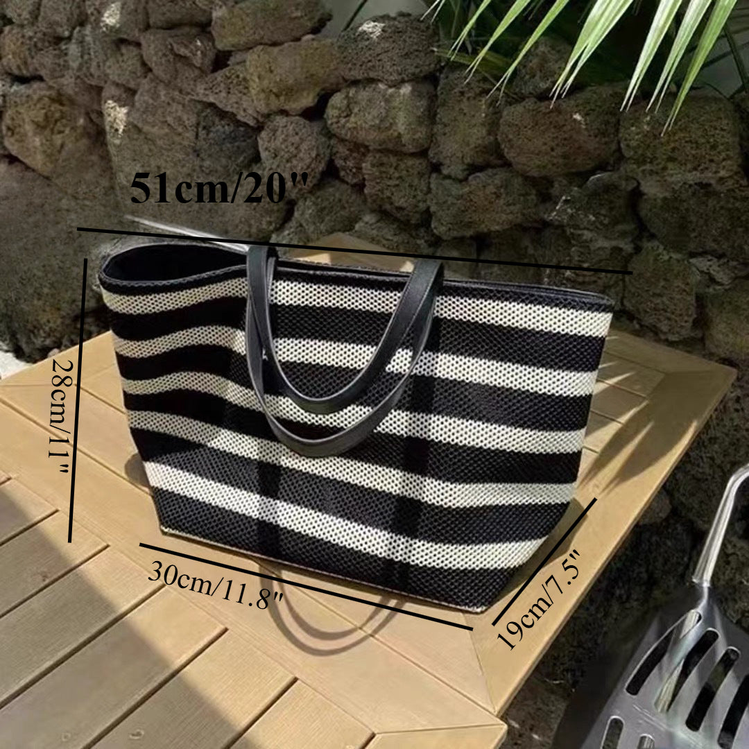 Chic Black and White Striped Tote Bag – Woven Large-Capacity Shoulder Bag for Women, Perfect Light Vacation & Shopping Tote Bag