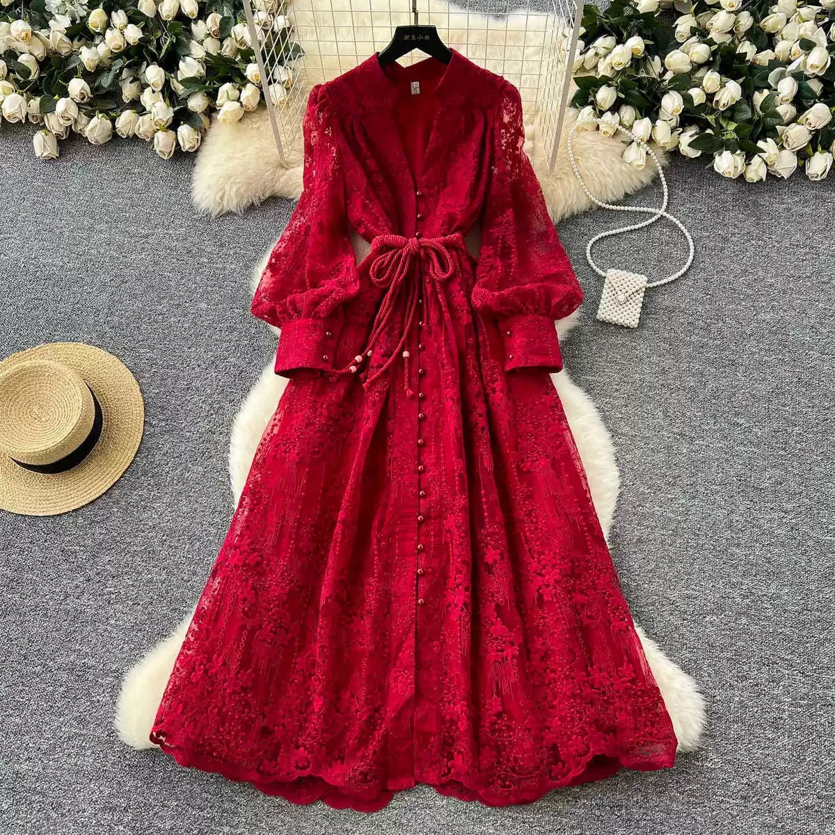French Embroidered V-Neck Lantern Sleeve Dress