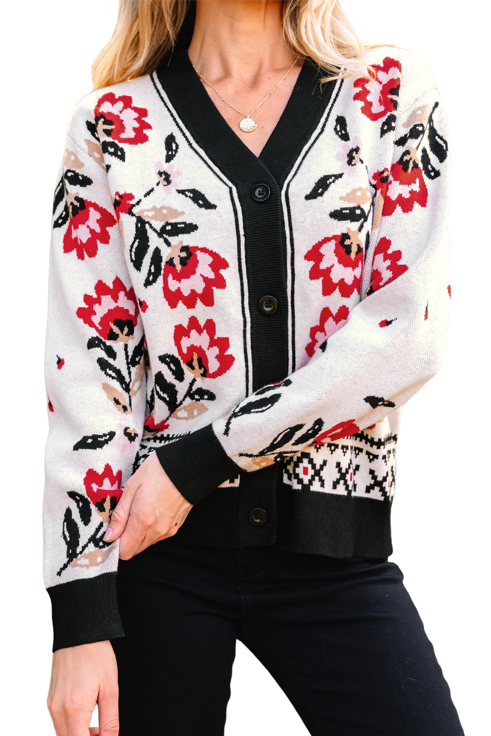 Floral Knit Button-Front V-Neck Cardigan
