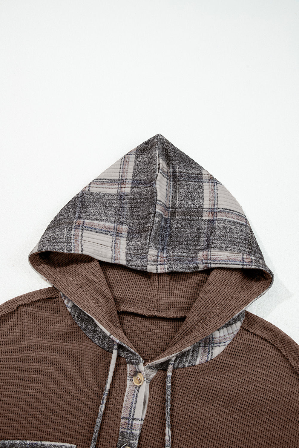 Plaid Patchwork Button-Up Drawstring Hooded Shacket