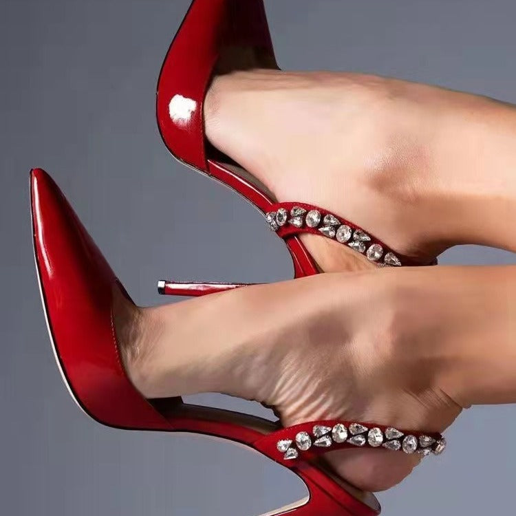 Spiked sideless pointed-toe high-heeled shoes