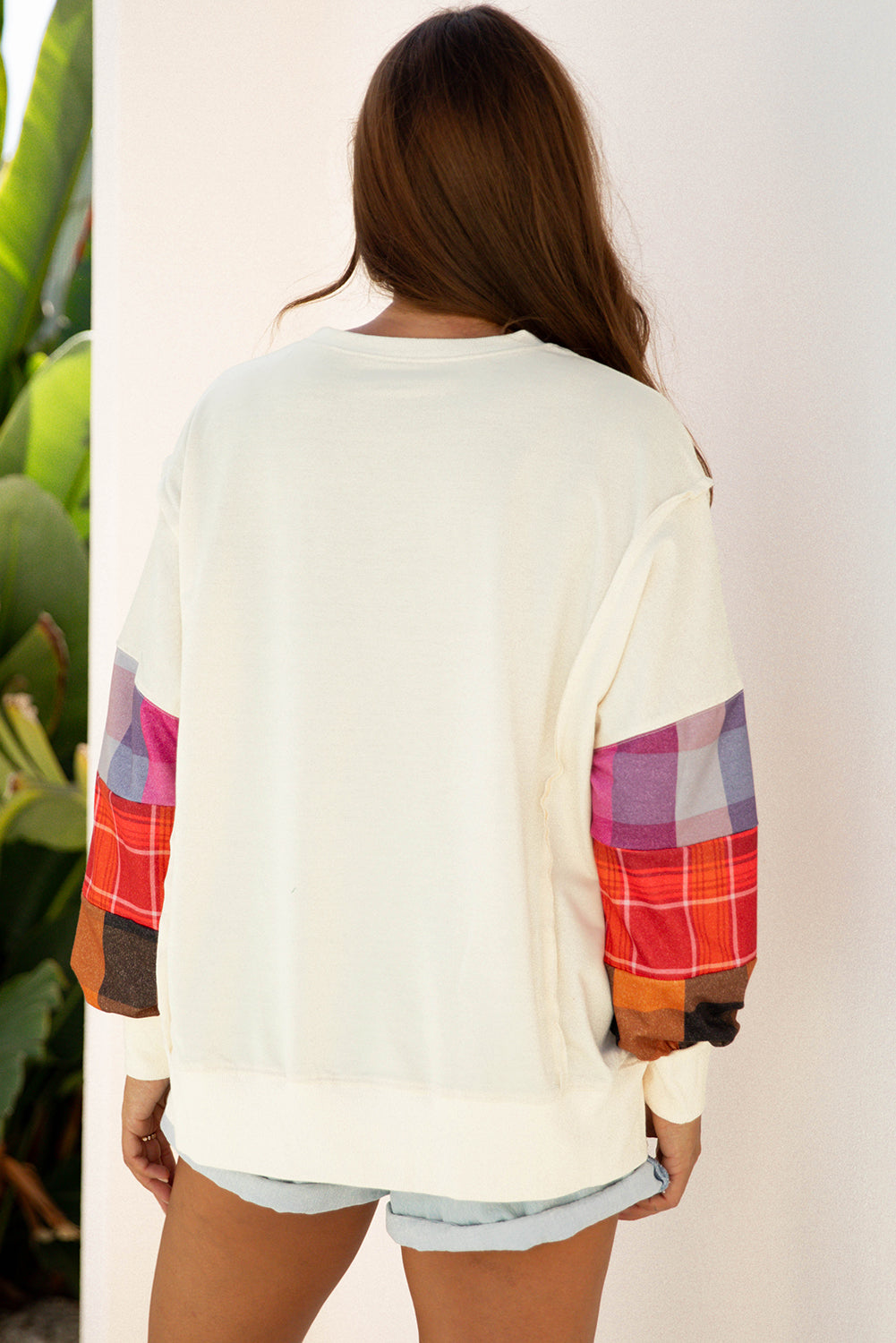 Plaid Patchwork Long Sleeve Exposed Seam Top