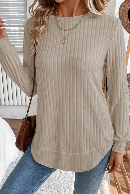 Solid Ribbed Knit Textured Round Neck Top