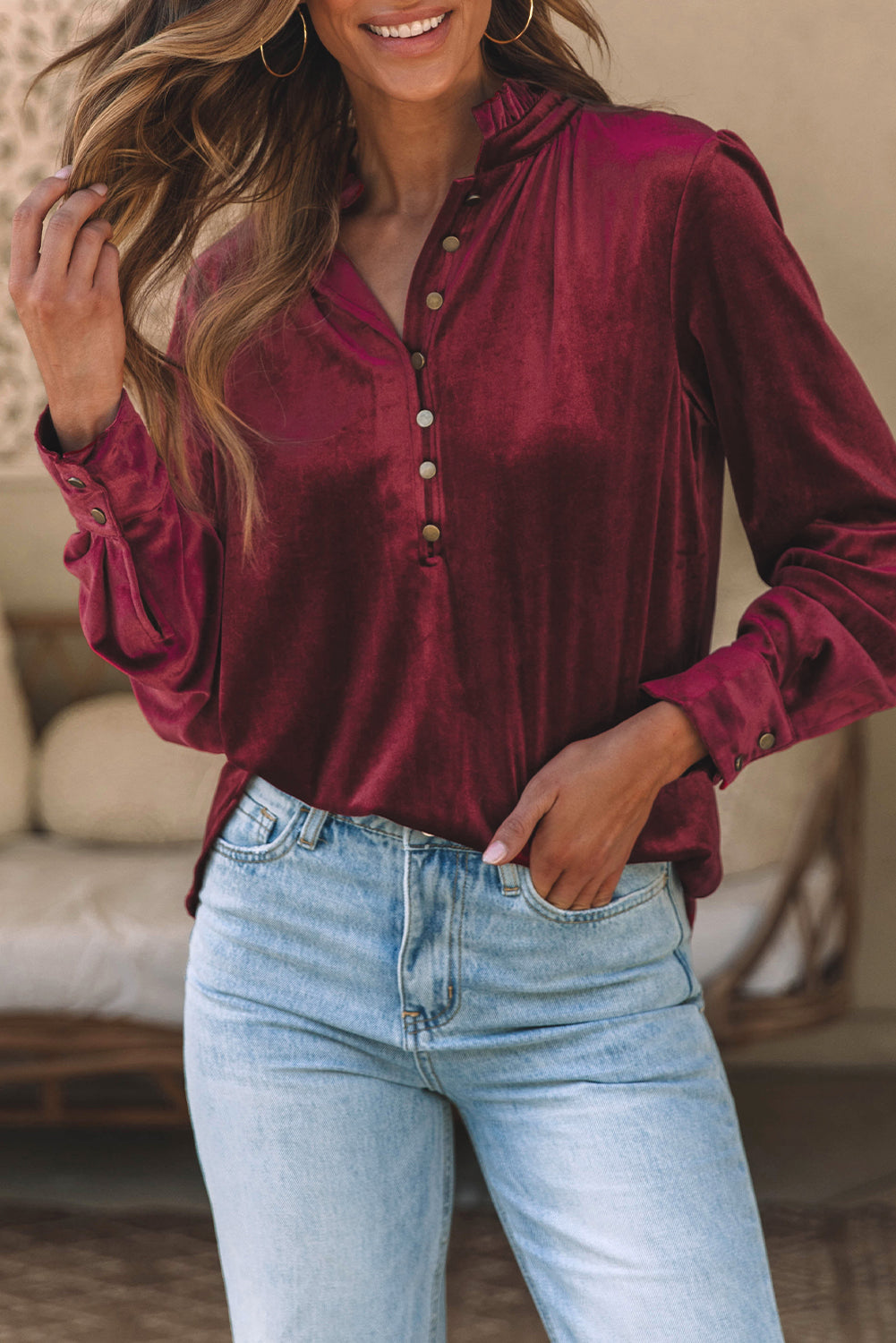Velvet Frilled Neck Buttoned Top