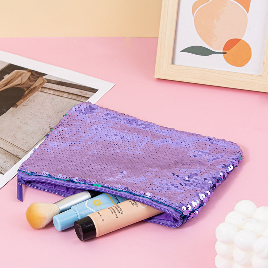 Mermaid sequined pencil case, two-color stationery storage bag, portable cosmetics change purse, small purse