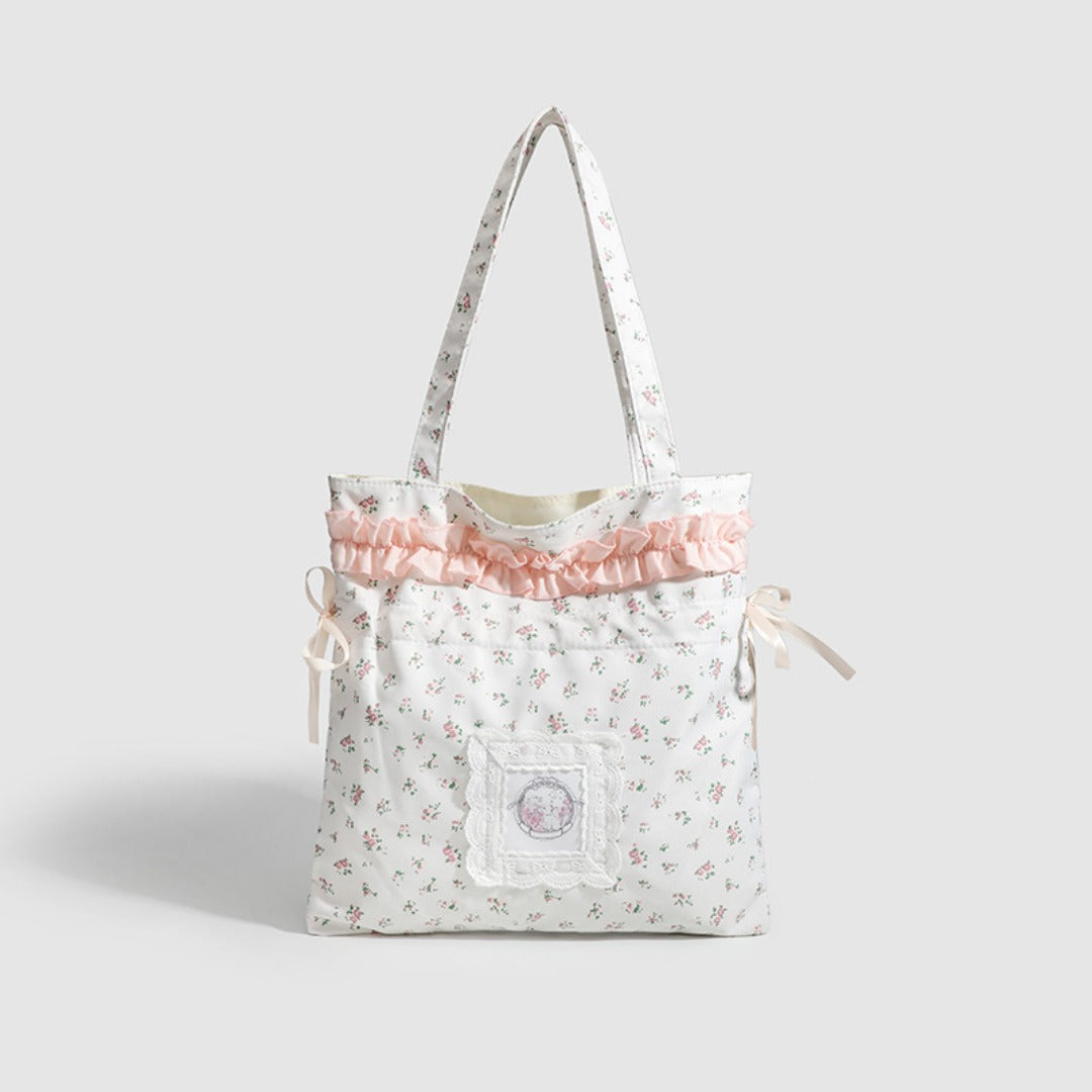 Spring shoulder floral draw with hobo bag, girls cloth bag cute small cloth bag, drawstring shoulder tote bag for women