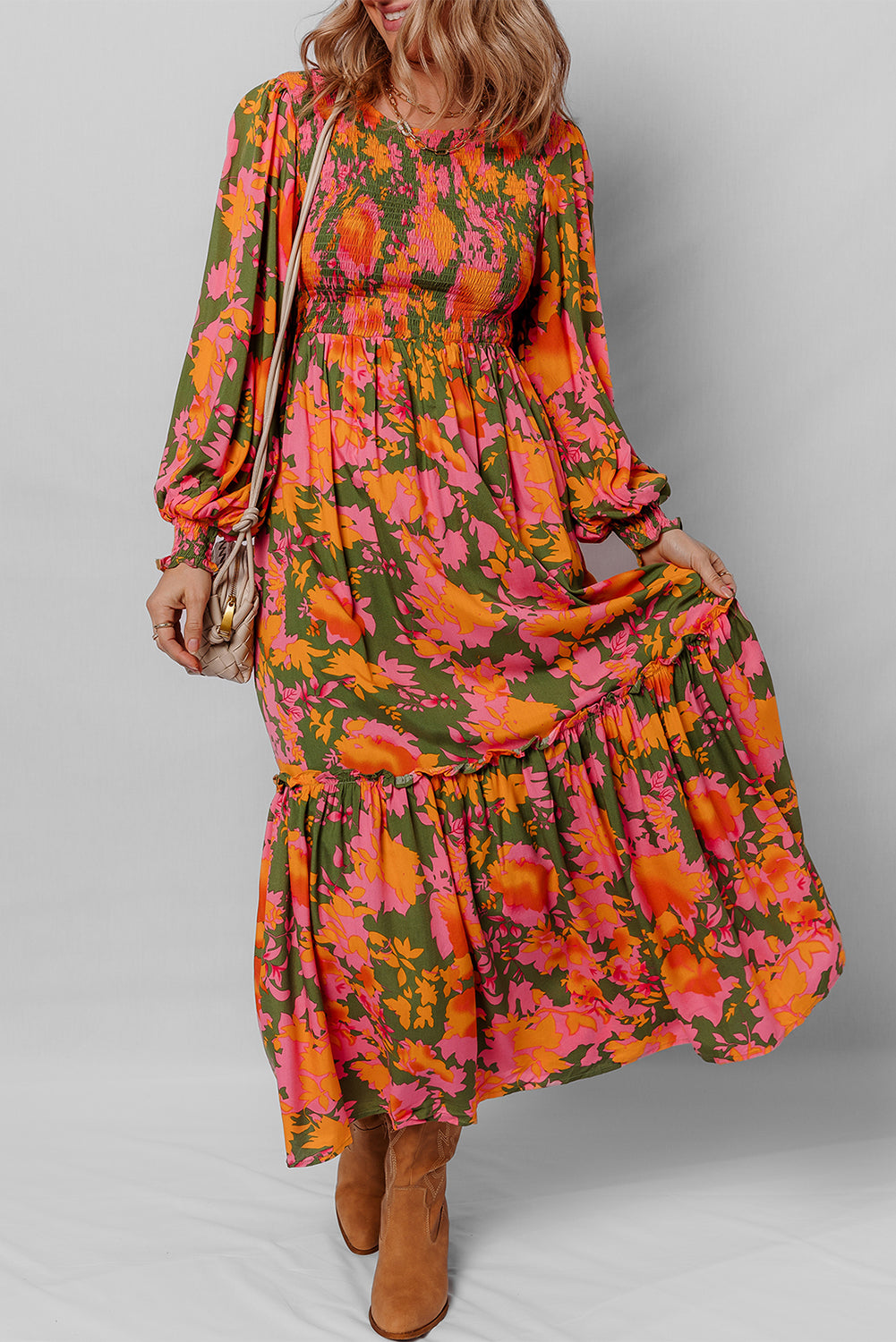 Floral Puff Sleeve Smocked Ruffle Maxi Dress