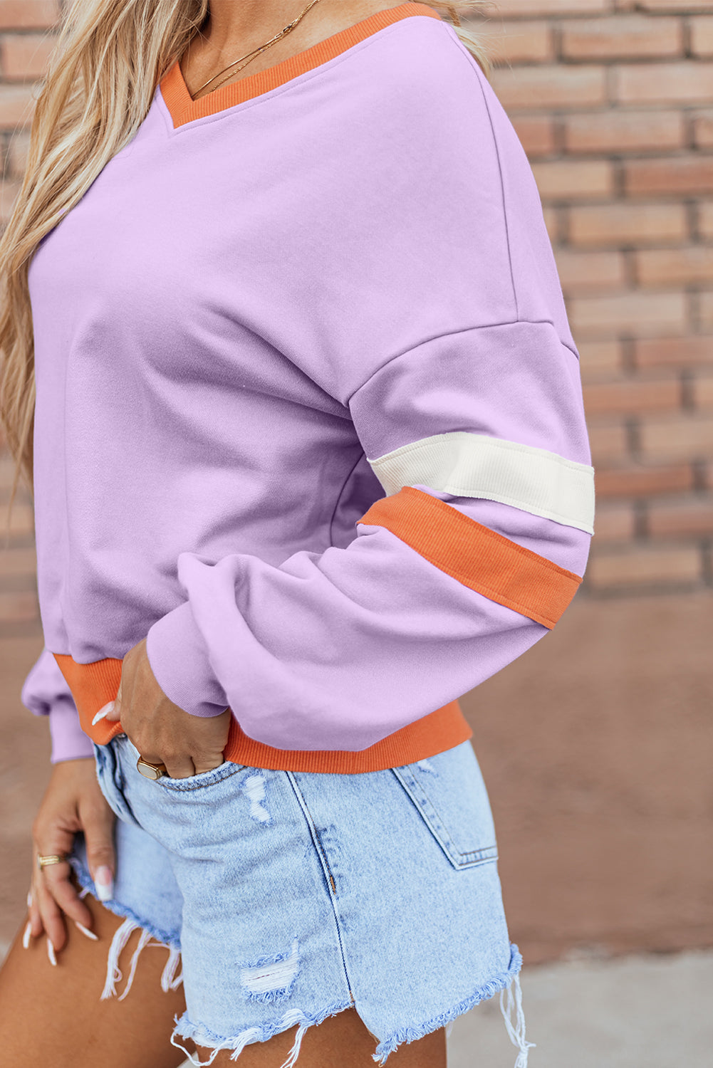 Colorblock Patchwork V-Neck Drop Shoulder Sweatshirt