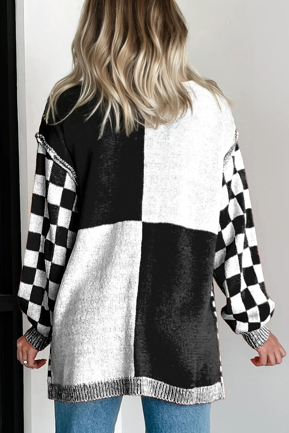 Plus Size Checker Drop Shoulder Open Front Cardigan