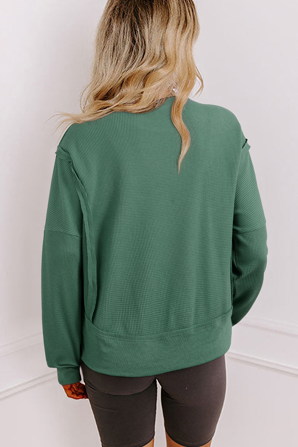 Solid Ribbed Raw Seam Patchwork Drop Shoulder Sweatshirt