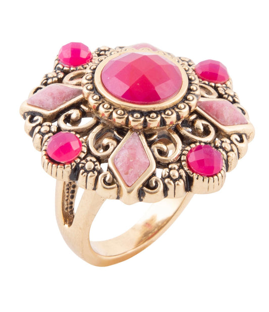 Embellished Pink Quartz Golden Statement Ring