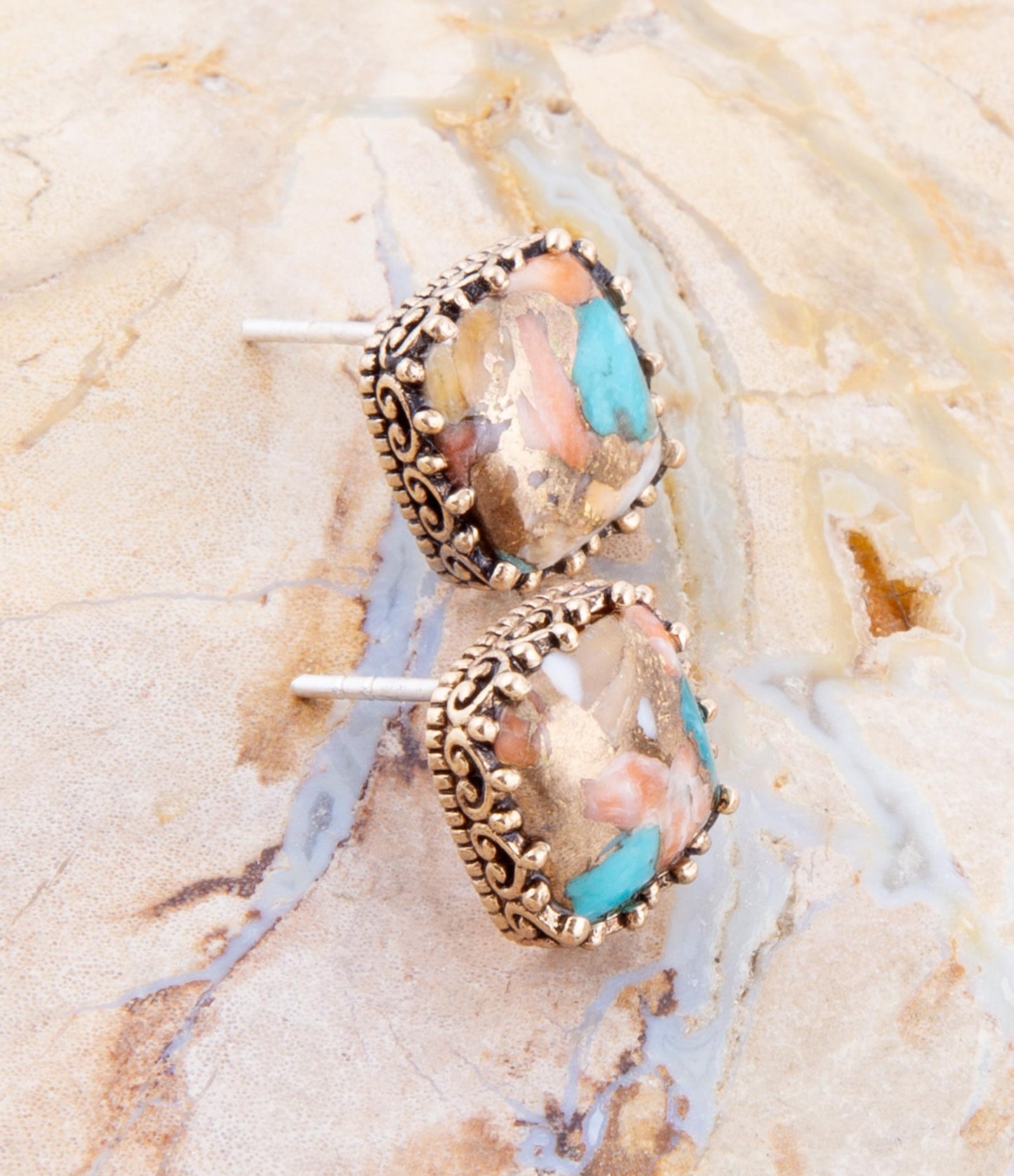 Empire Blue Turquoise and Orange Spiny Matrix Golden Stud Earrings