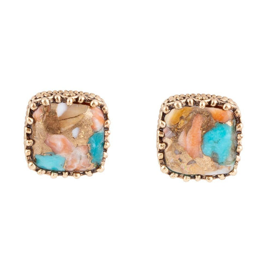 Empire Blue Turquoise and Orange Spiny Matrix Golden Stud Earrings