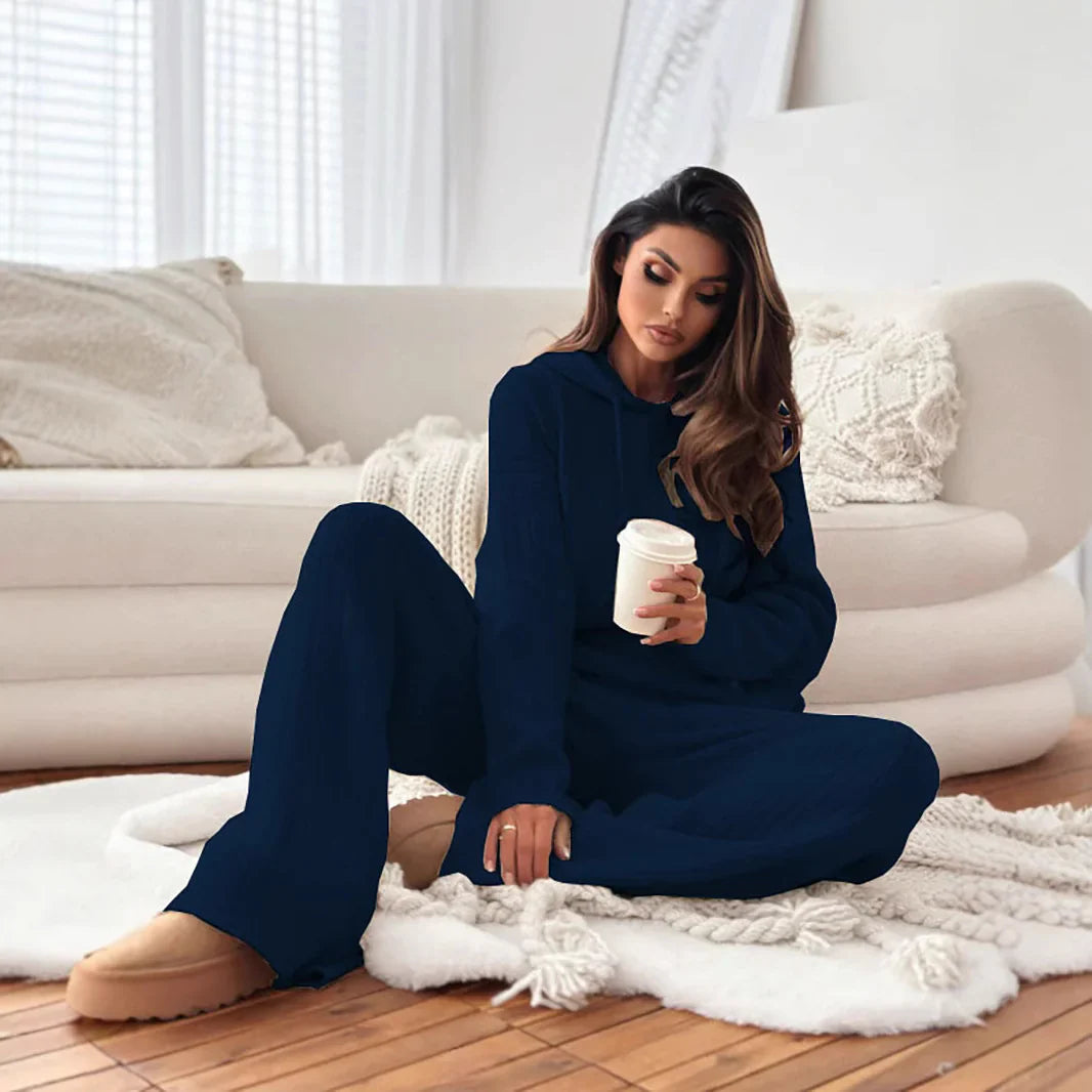 Solid Color Hooded Knitted Lounge Set for Women – Autumn Winter Two-Piece Outfit - # GIAA23910007
