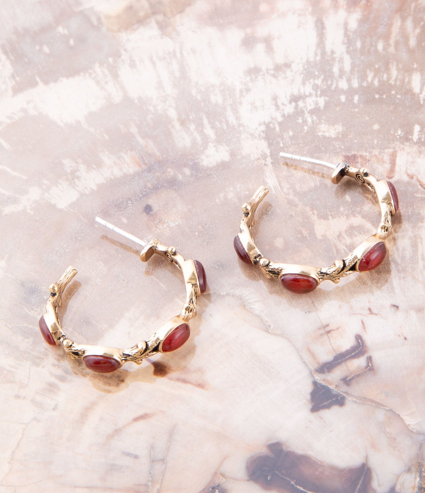 Enchanted Leaves Orange Amber Carnelian Golden Hoop Earrings