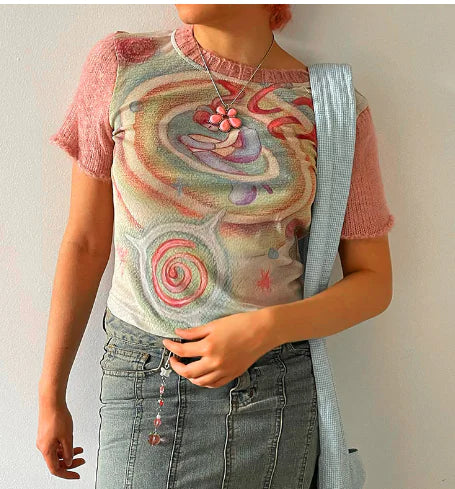 Sweet Girl Pink Plunge Sleeve Color Block T-shirt - # GIAA23510025