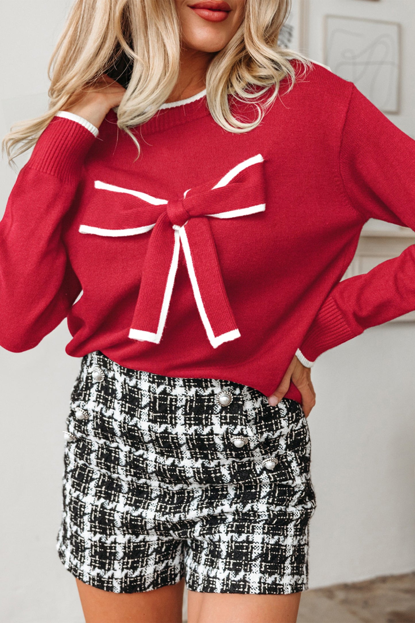 Bow Contrast Trim Long Sleeve Cropped Christmas Sweater
