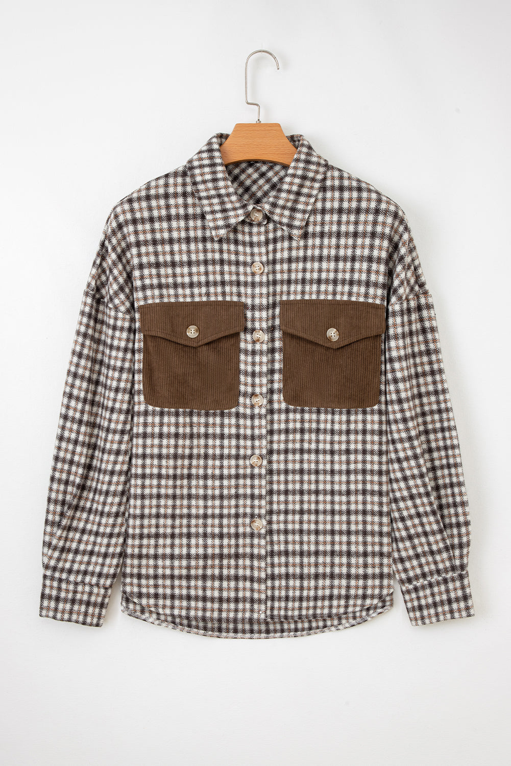 Plaid Corduroy Patchwork Pocketed Button-Up Shacket