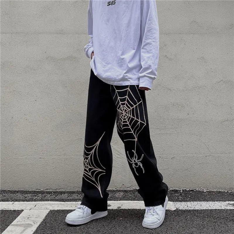 Boys and Men's Black Streetwear Spider Web Pants - # BOAA13410013