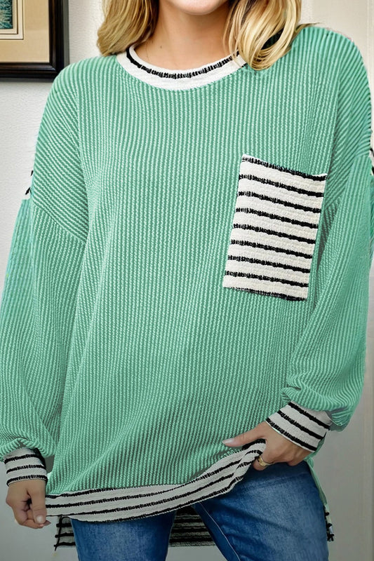 Stripe Corded Knit Patchwork Long Sleeve Top