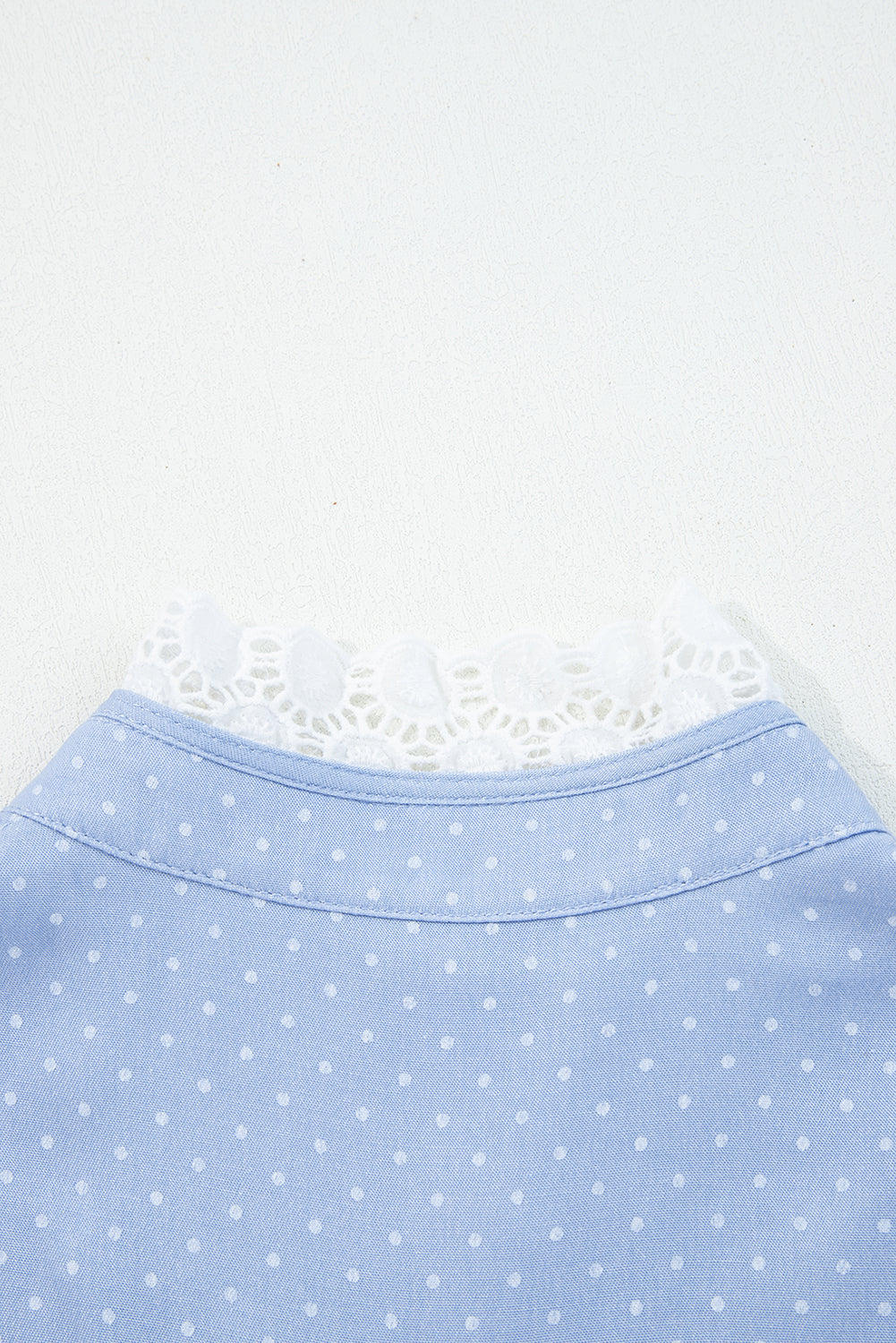 Dotted Denim Lace Trim Collared V-Neck Blouse