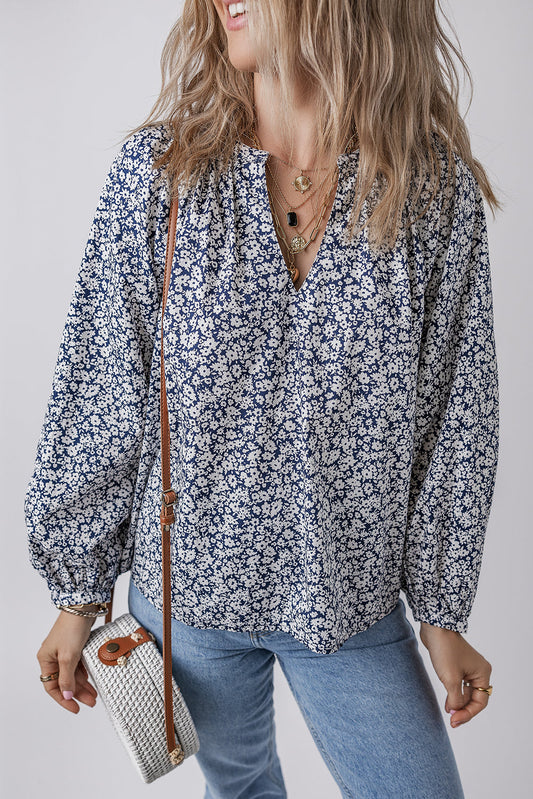 Floral V-Neck Puff Sleeve Blouse