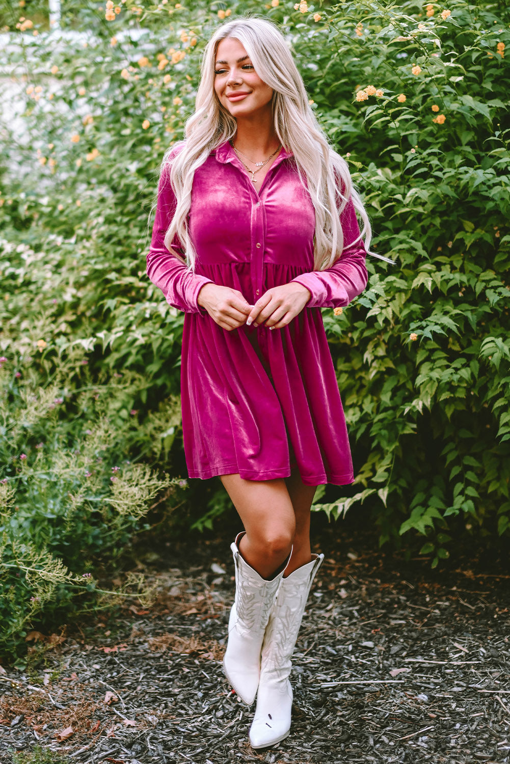 Velvet Button-Up Long Sleeve Ruffle Dress