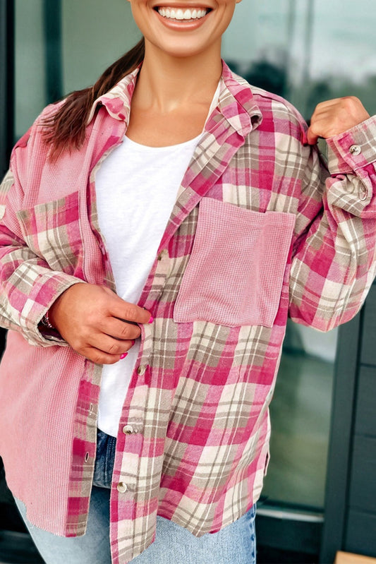 Plus Size Plaid Patchwork Waffle Patch Pocket Shirt