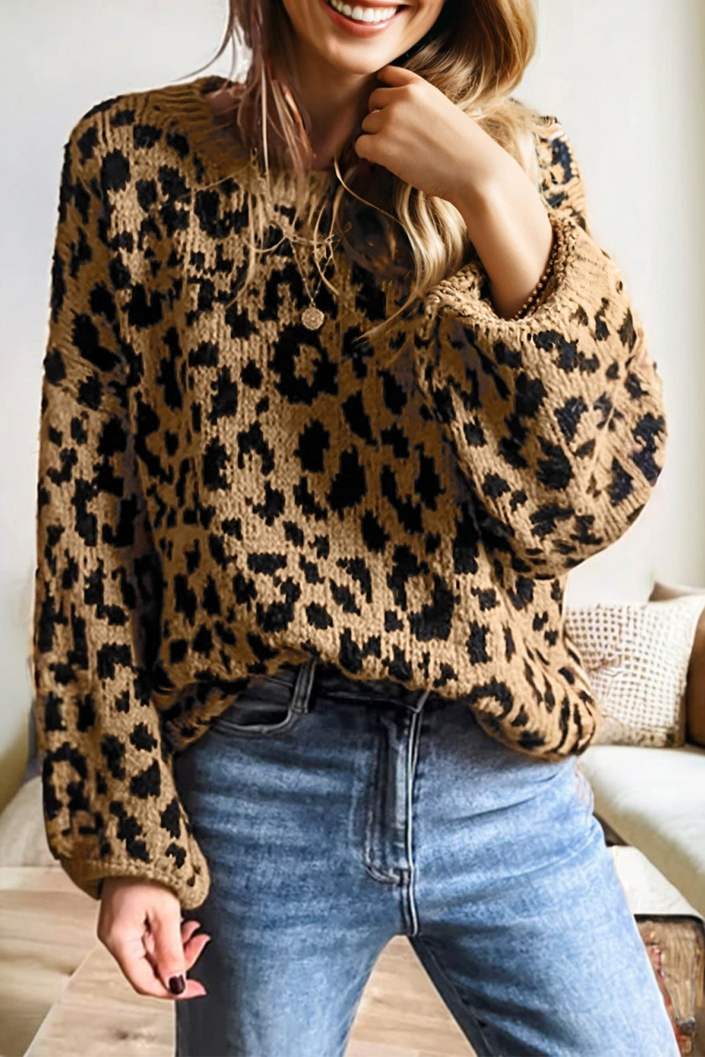 Leopard Ribbed Trim Crewneck Drop Shoulder Sweater