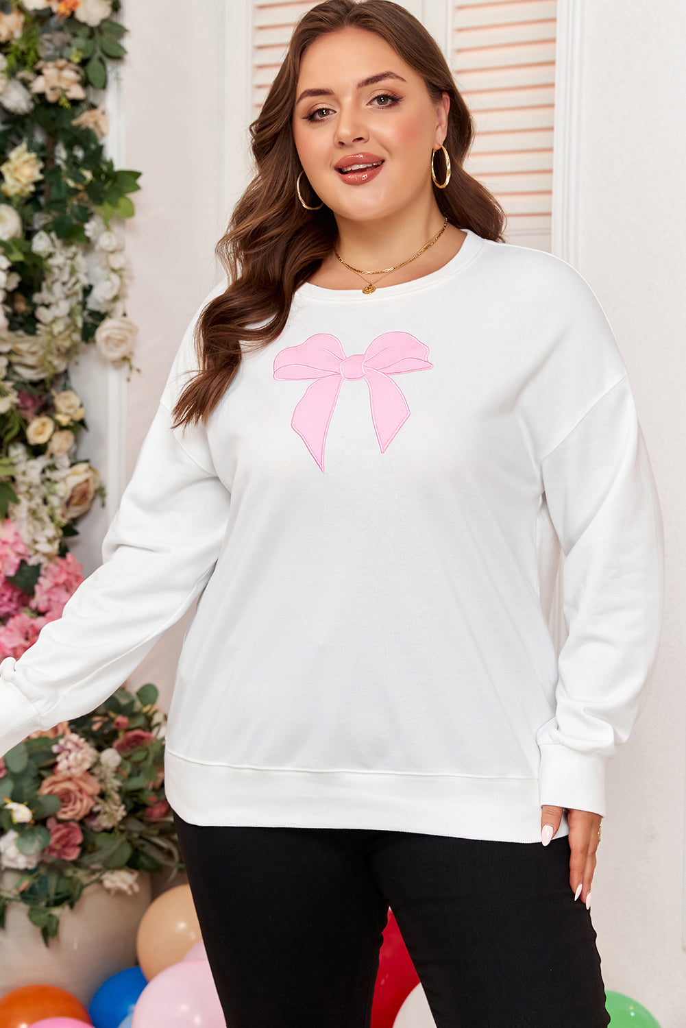 Plus Size Bow Drop Shoulder Sweatshirt