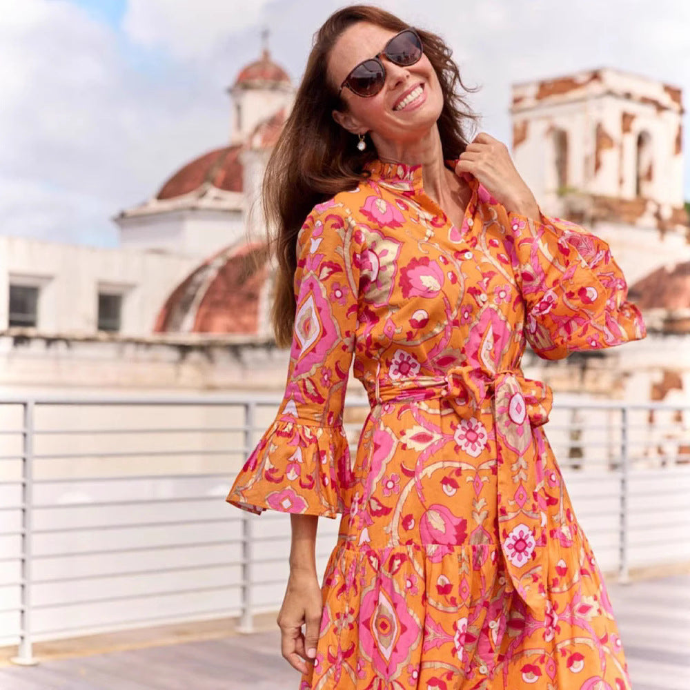 Women's Floral Print Ruffle Cardigan Dress