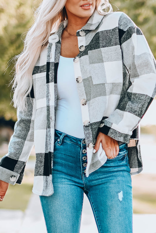 Plaid Button-Up Long Sleeve Pocketed Shacket