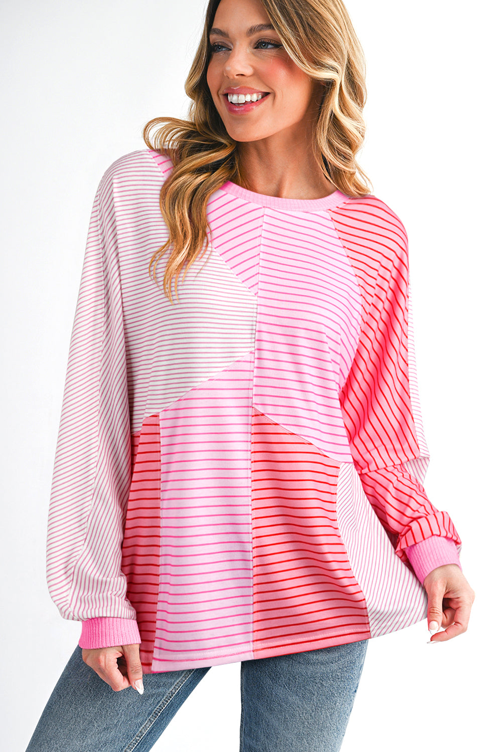 Stripe Colorblock Reverse Seam Long Sleeve Top