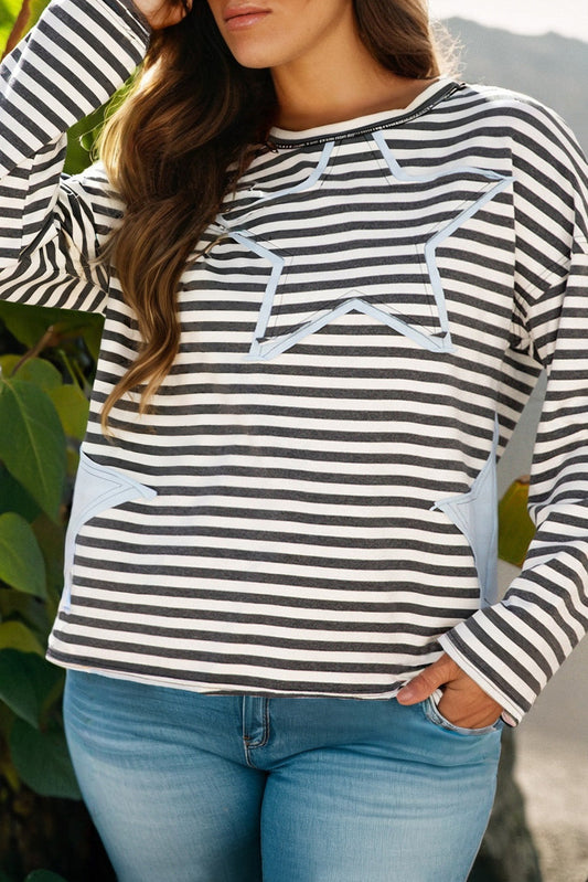 Plus Size Stripe Star Stitch Long Sleeve Top