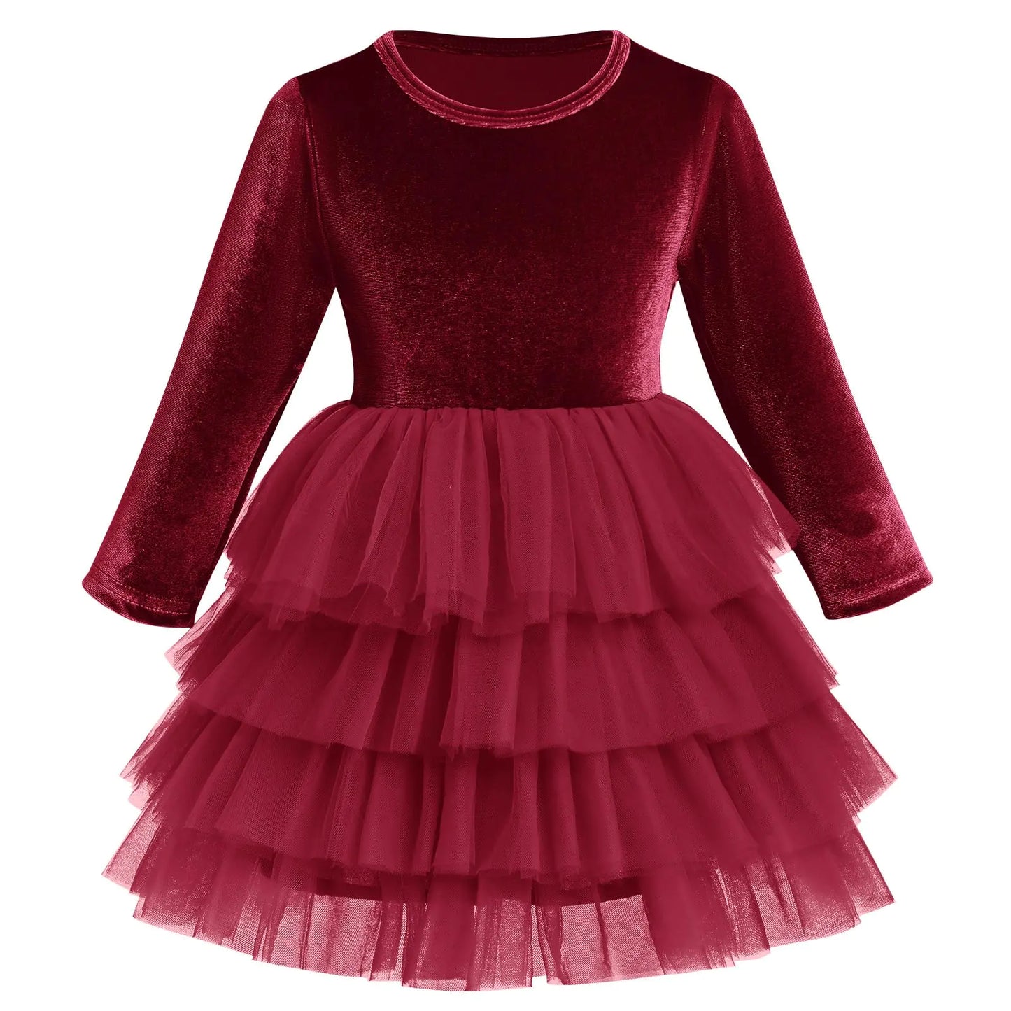 Toddler Girls Velvet Dress-Long Sleeve Christmas Dresses for Baby Girls-Burgundy Flower-Girl Tutu Tulle Dress Fall/Winter/Fancy Party Twirl Dress-Vestidos Elegantes para Ninas-Wine Red - 5-6 Years - # GIAA211710020