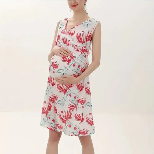 European American Maternity Dress - Printed V-neck Design - # BAGE211510112-PRG