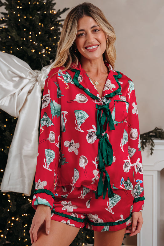 Christmas Bow Ruffle Trim Top and Shorts Pajama Set