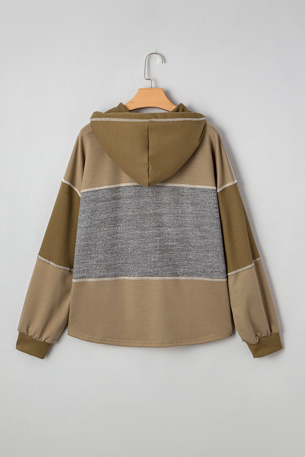 Waffle Knit Patchwork Buttoned Hooded Sweatshirt