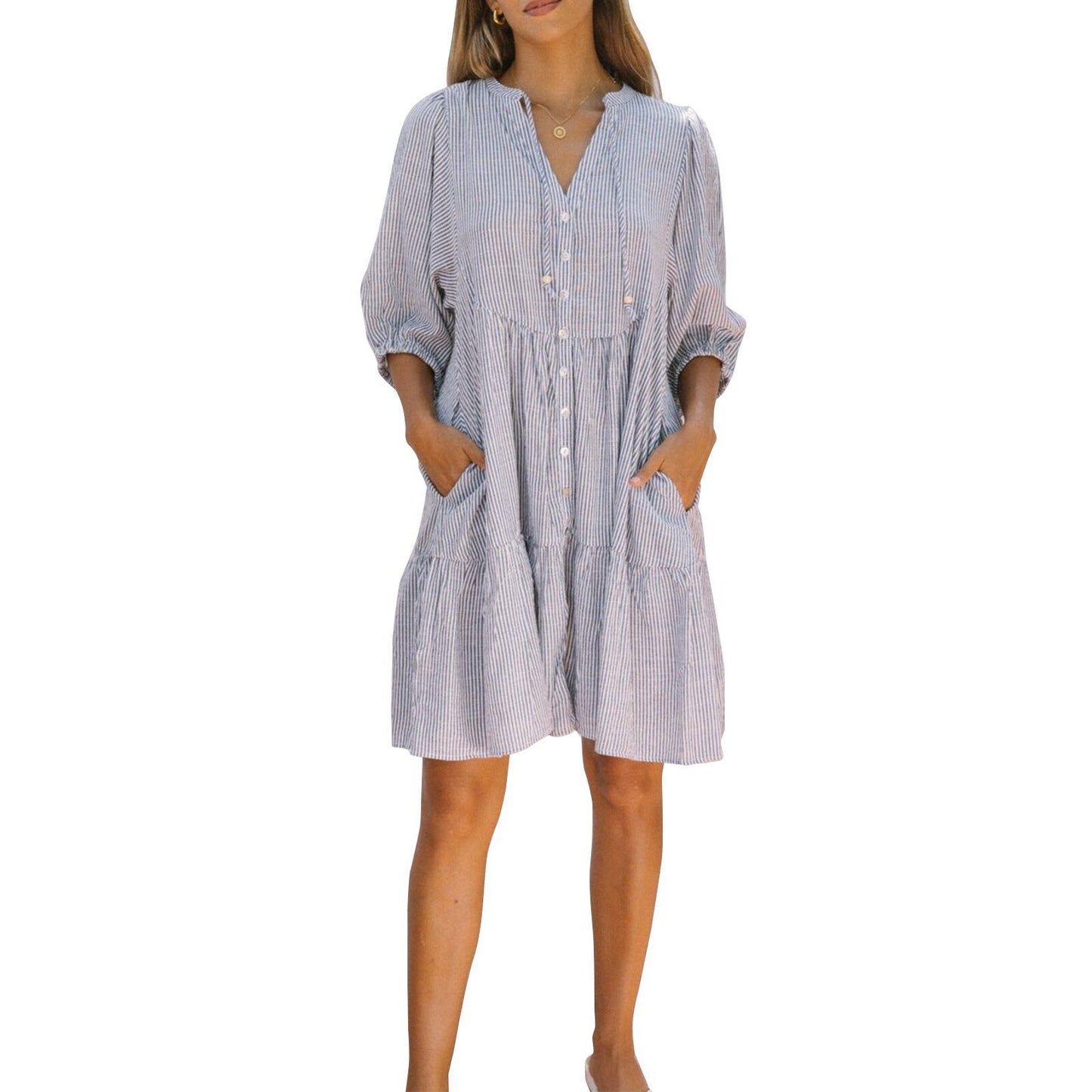 Womens V-Neck Striped Button Dress