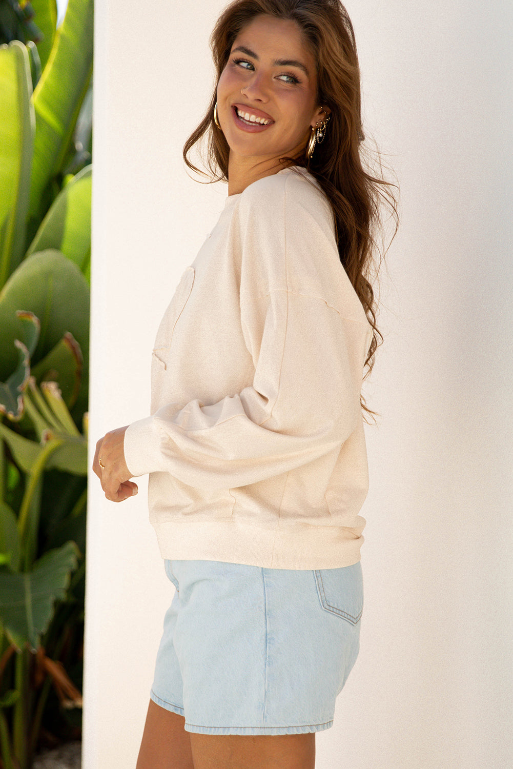 Flower Patchwork Raw Edge Drop Shoulder Top