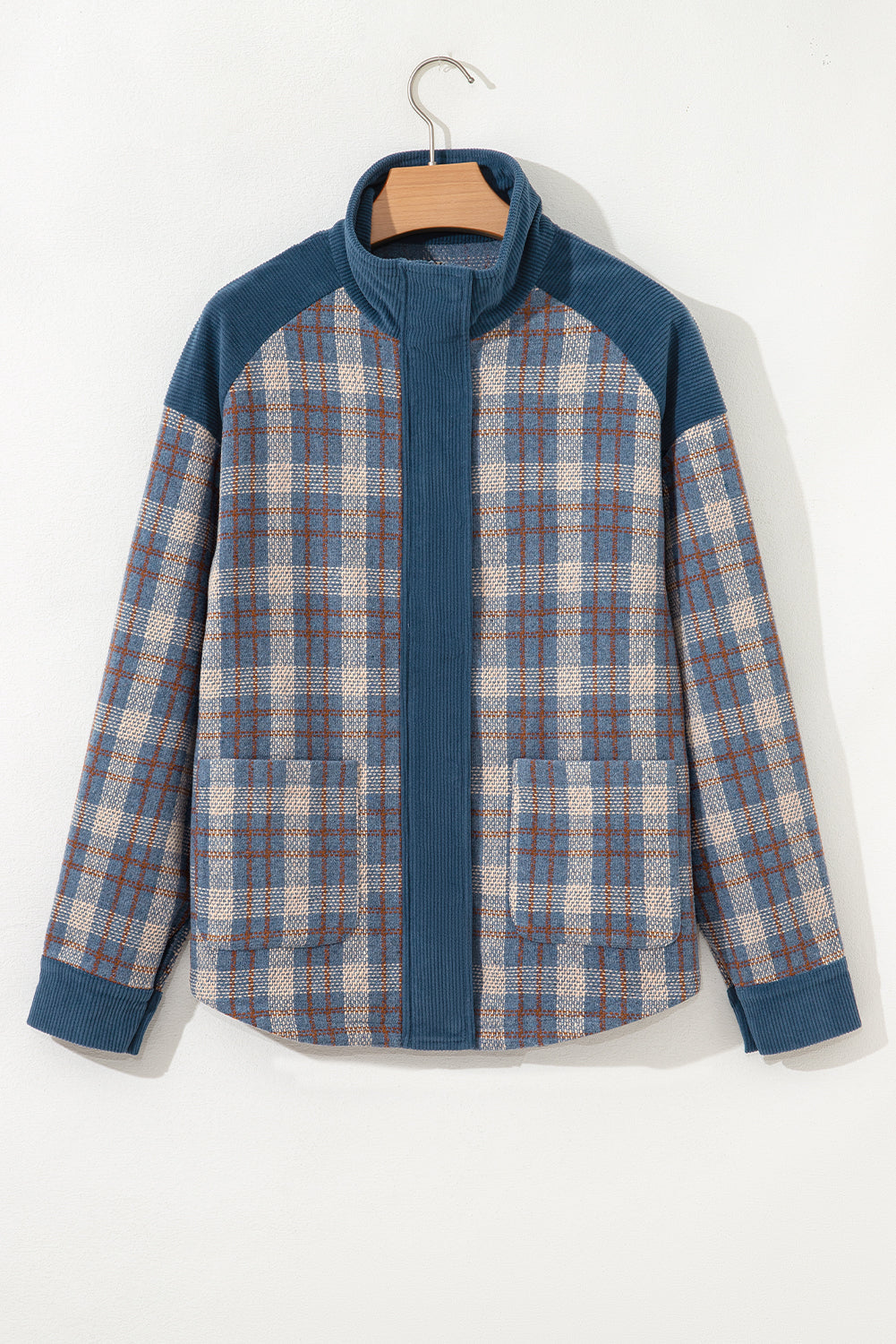 Plaid Corduroy Patchwork Zip-Up Snap-Button Jacket