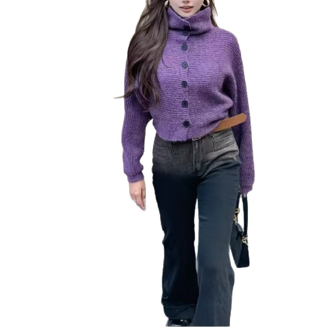 Loose Fit High Neck Long Sleeve Knit Cardigan Sweater