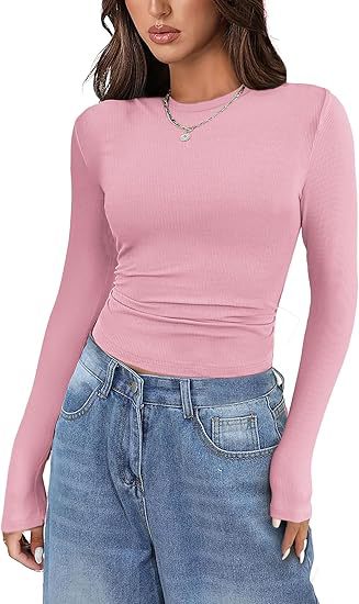 Long-sleeved Elastic Round Neck Rib T-shirt